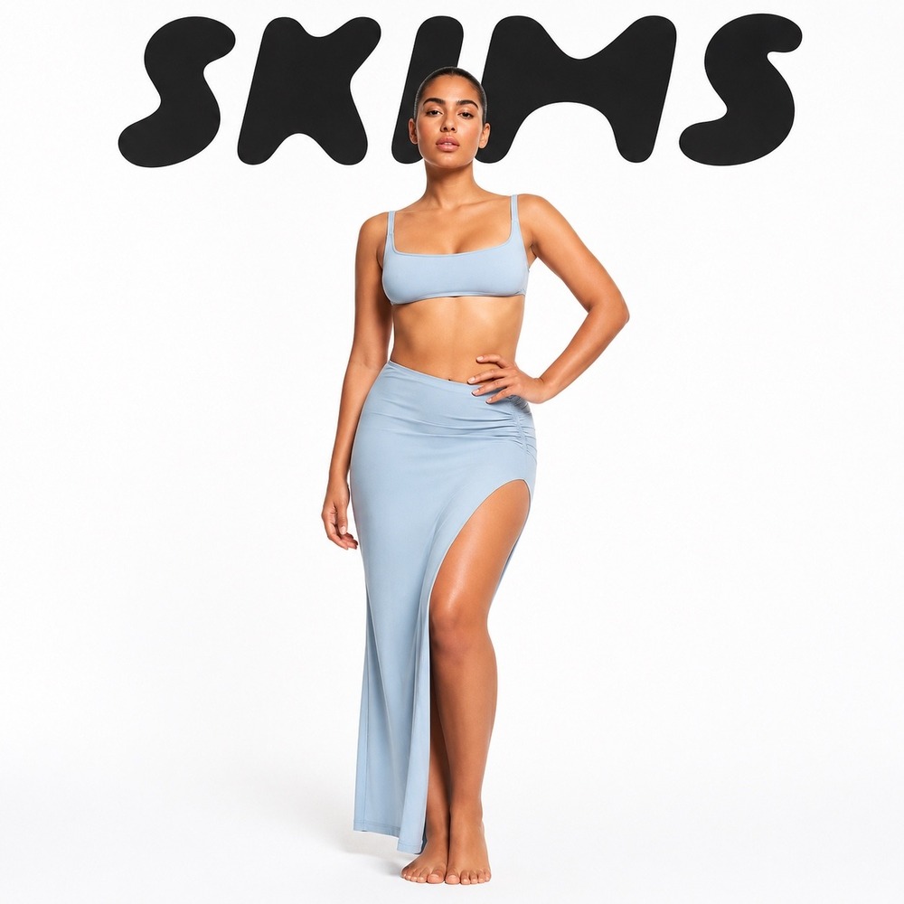 SKIMS Soft Lounge Ruched Maxi Skirt‎ Light Blue High Slit 4X NEW